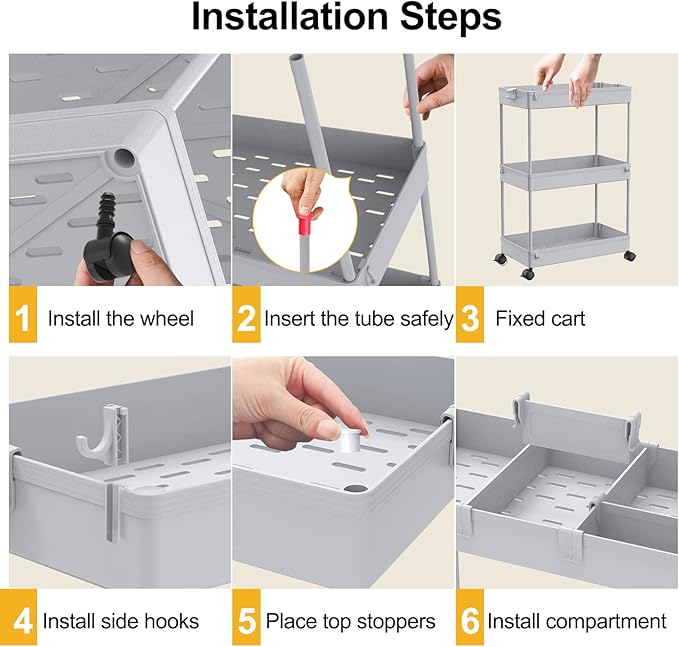 SPACELEAD 3 Tier Rolling Cart with Wheels, Storage Craft Art Trolley Organizer Serving, 3 Hanging Baskets Easy Assembly, for Office, Living Room, Kitchen, Gray