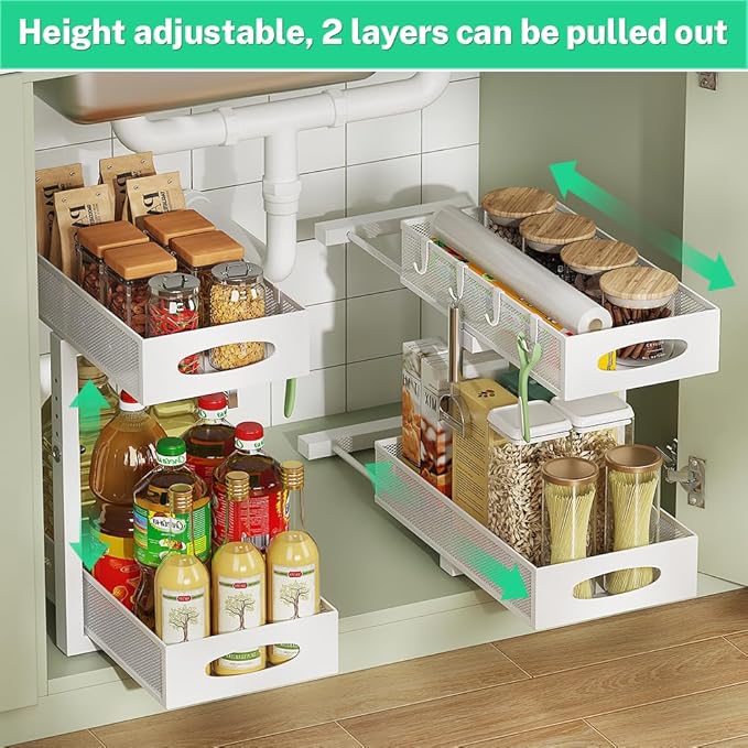 2 Pack Under Sink Pull Out Organizer, 2-Tier Adjustable Height Carbon Steel Storage Rack for Kitchen and Bathroom Cabinet, White