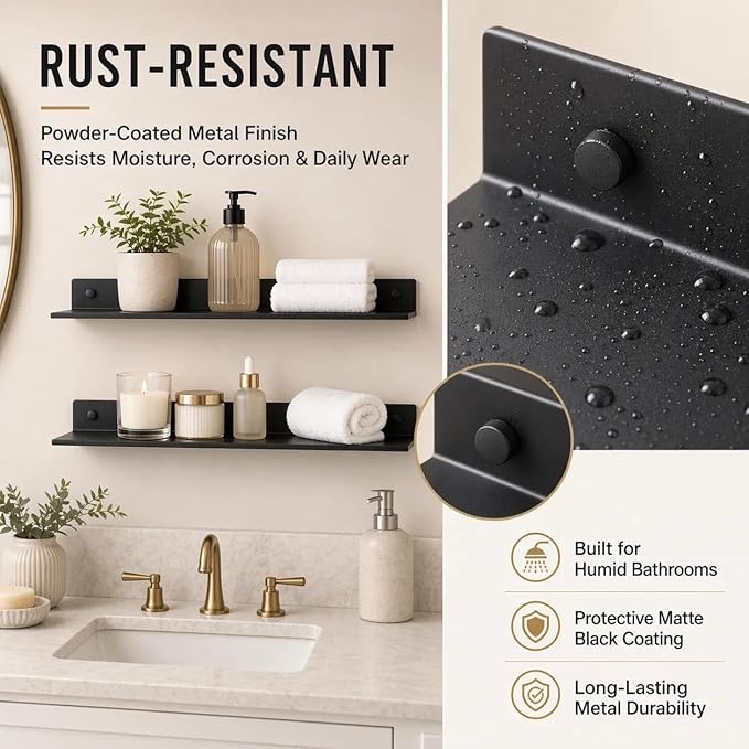 Z metnal Bathroom Shelf, Small Floating Wall Shelves, Decorative Ledge Shelf, Aluminum, Wall Mounted, Matt Black, 16/12/8 inch, 3 Packs