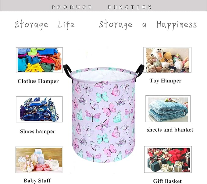 Kids Laundry Hamper Clothes Gift Basket Storage Laundry Baskets Organizer Bin with Handles for Nursery Room (Purple Butterfly)