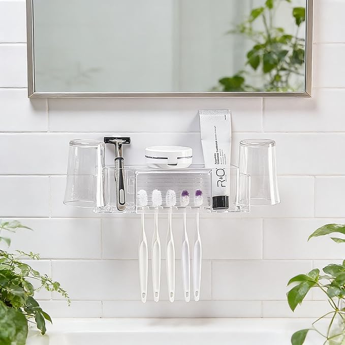 5 Slots Wall Mount Toothbrush Holder with Cover, Self Adhesive Toothbrush Storage Organizer for Shower, Toothpaste & Toothbrush Hanger for Bathroom, Medicine Cabinet, Dorm (Clear Large)
