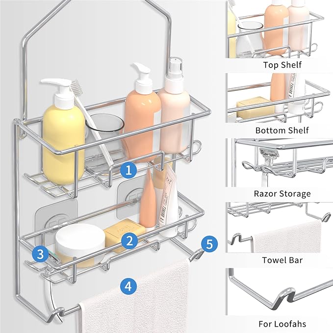 TreeLen Shower Caddy Hanging over Shower Head Shower Hanger Organizer with 10 hooks Bathroom Storage Shelf-Chrome