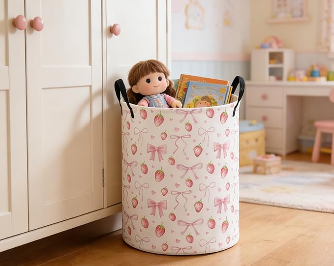 ESSME Kids Laundry Basket,Strawberry Hamper Collapsible Canvas Waterproof Storage Bin for Girls, Cute Hamper,Gift Baskets(Strawberry)