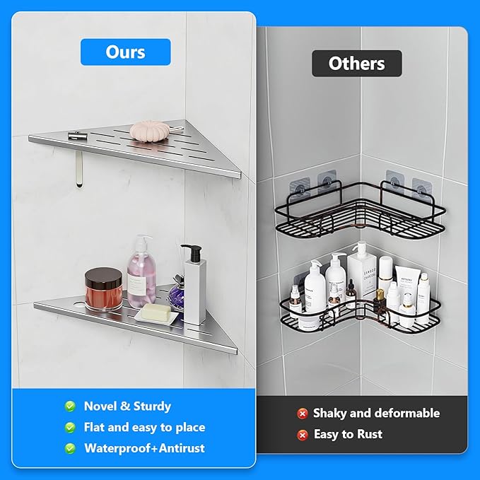 Shower Shelves, Corner Shower Shelf, 304 Stainless Steel Shower Caddy with Razor Hole, Shower Shelf for Inside Shower, Modern Sturdy Shelves for Tile Walls, Bathroom Shelves (Silver)
