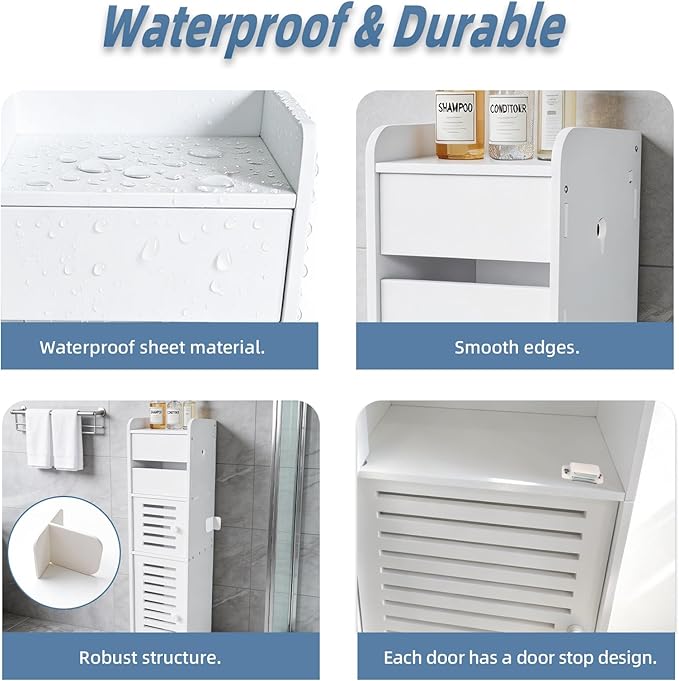 BorealBear Slim Bathroom Storage Cabinet with Toilet Paper Holder, Narrow Bathroom Cabinet for Small Spaces, Freestanding Organizer with Door & Shelves, Space Saving White Bathroom Cabinet