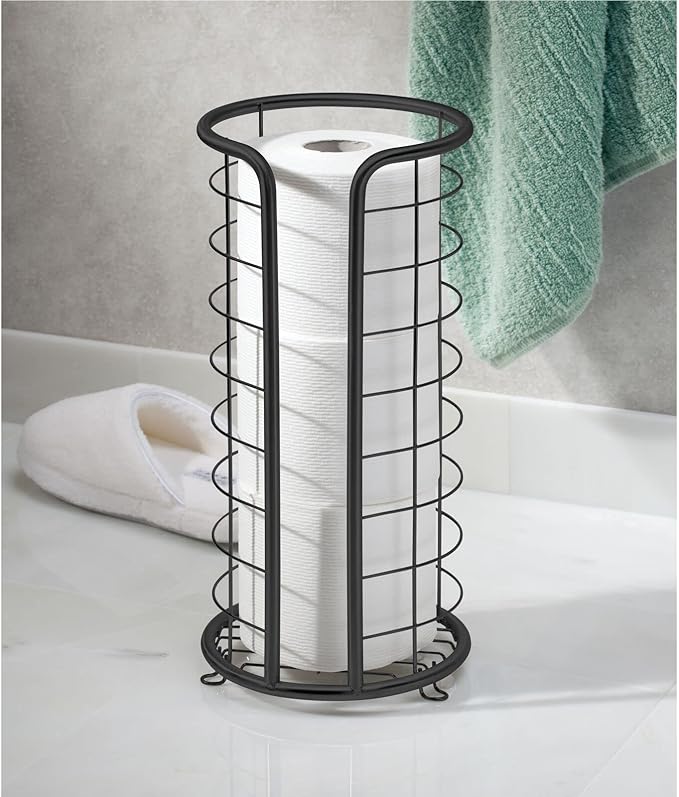 mDesign Metal Toilet Paper Holder Stand - Storage Reserve for 3 Rolls of Toilet Tissue - Freestanding Toilet Paper Holder - Stylish Bathroom Floor Toilet Paper Stand - Omni Collection - Matte Black