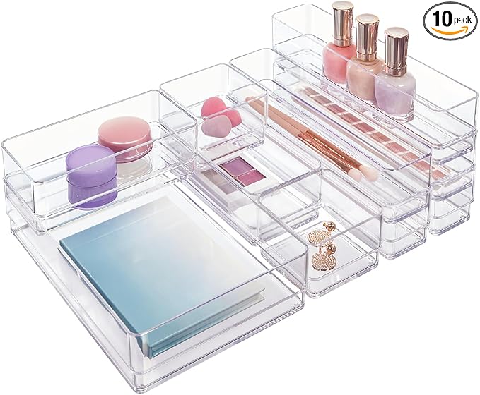 STORi SimpleSort 10-Piece Stackable Clear Drawer Organizer Set | Multi-size Trays | Makeup Vanity Storage Bins and Office Desk Drawer Dividers | Made in USA