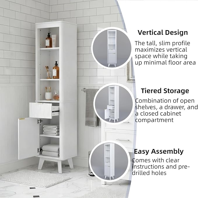 XIAO WEI 68" Tall Bathroom Storage Cabinet, Narrow Bathroom Storage Cabinets with 3 Adjustable Shelves, Slim Wooden Storage Cabinet with 1 Drawer & Door for Bathroom, White