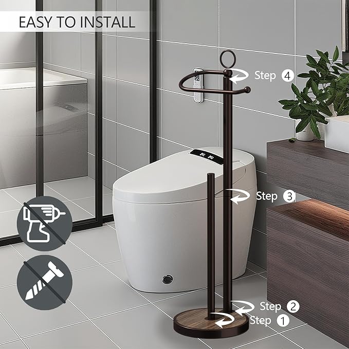 Toilet Paper Holder Free Standing with Storage 4 Rolls Stainless Steel Toilet Paper Holder Stand with Weighted Wood Grain Base Space-Saving Tissue Roll Holders for Bathroom Black & Bronze (Bronze)