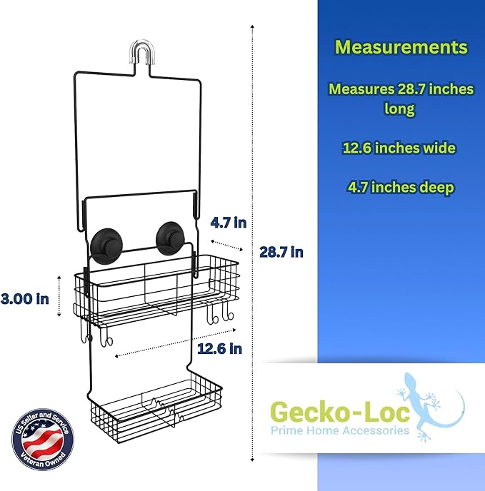 Gecko-Loc Extra Long Wide Adjustable Length over the showerhead hanging shower caddy organizer - for Shampoo, Soap, & Razors - Black