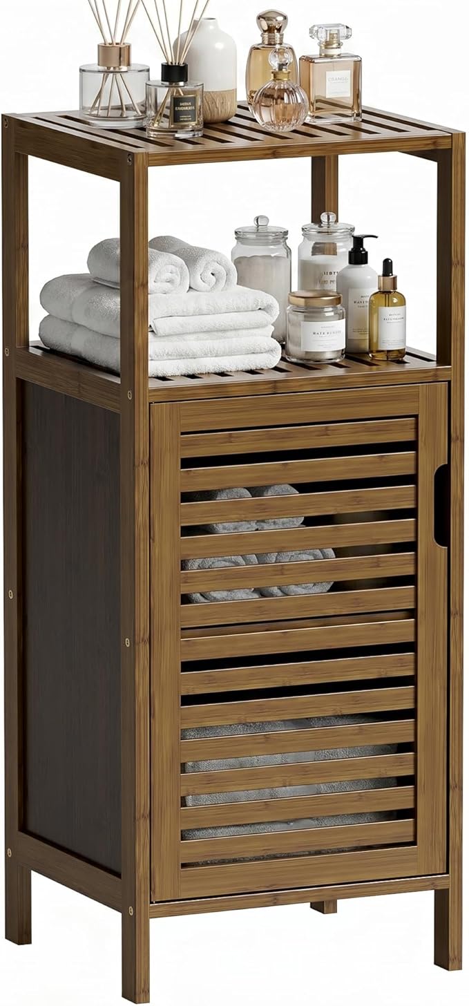 HITNET Bathroom Cabinet, Bamboo Floor Cabinet Free Standing, 4 Tier Sofa Side Storage Cupboard for Living Room Kitchen Entryway, Walnut