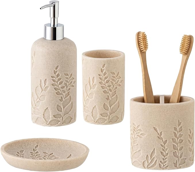 Bathroom Accessories Set, 4 PCS Bathroom Accessory Sets with Soap Dispenser 13 OZ, Toothbrush Holder, Tumbler, Soap Dish, Bathroom Countertop Organizer, Sea Bathroom Decor (Leaf Beach)