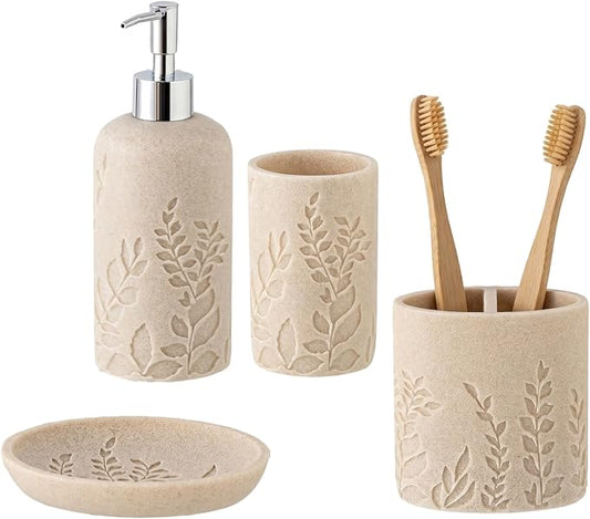 Bathroom Accessories Set, 4 PCS Bathroom Accessory Sets with Soap Dispenser 13 OZ, Toothbrush Holder, Tumbler, Soap Dish, Bathroom Countertop Organizer, Sea Bathroom Decor (Leaf Beach)