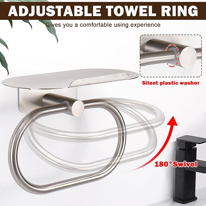 Hand Towel Ring with Shelf, Stainless Steel Hand Towel Holder, Heavy Duty Bath Accessories, Wall Mounted Towel Hanger for Bathroom Kitchen (Brushed Nickel)