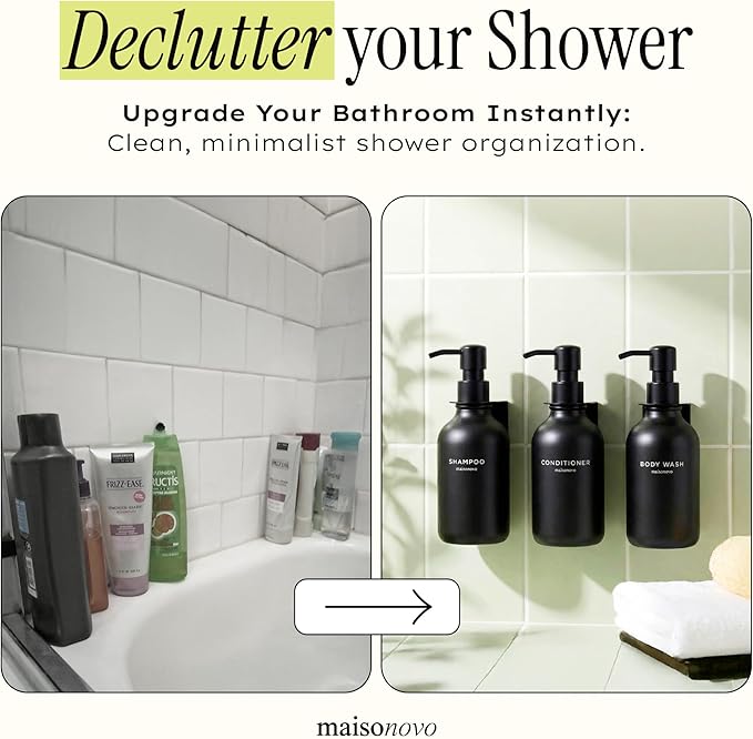Shampoo and Conditioner Dispenser Wall Mounted Set of 3 Black - No Drill Shower Soap Dispenser for Bathroom Refillable - Spa Hotel Style Accessories by MaisoNovo