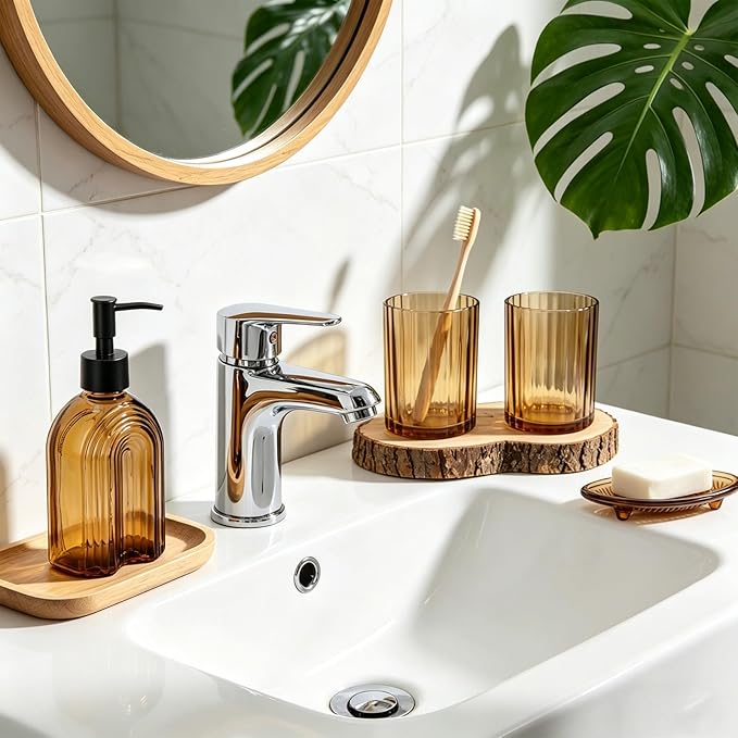 Amber Bathroom Accessories Set, 4Pcs Glass Bathroom Accessories Set Complete Lotion Soap Dispenser, Toothbrush Holder, Mouthwash Cup, Soap Dish for Bathroom Decor, Countertop Organizer