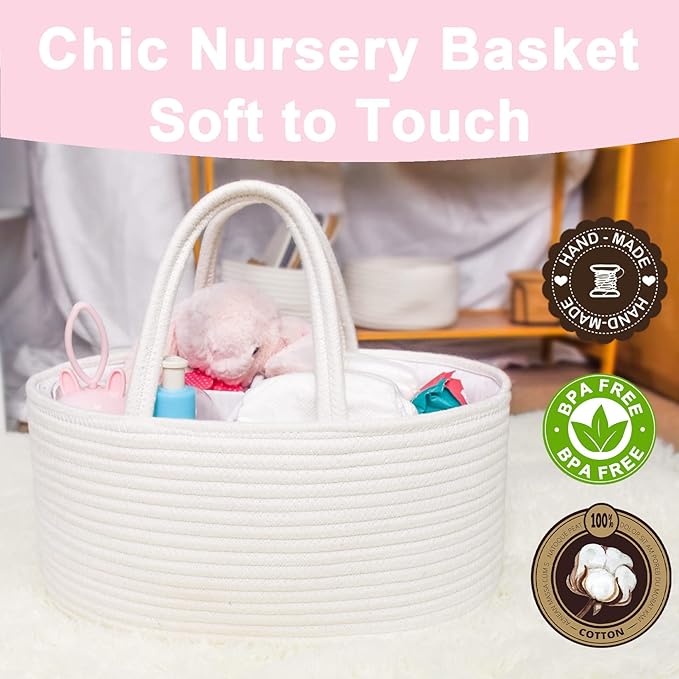 ABenkle Baby Diaper Caddy, Nursery Storage Bin and Car Organizer for Diapers Wipes, Cotton Rope Basket Changing Table Caddy