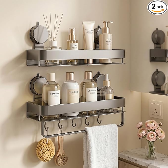 Stainless Steel Wall Mounted Bathroom Shelves with Removable Hooks and Tools