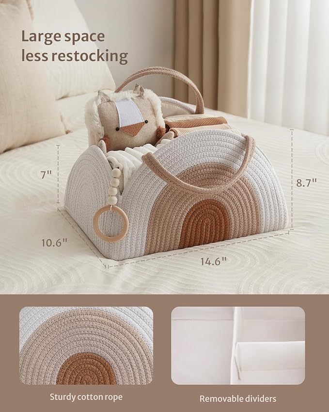 Blissful Diary Baby Diaper Caddy Organizer, Cotton Rope Diaper Caddy Basket, Large Storage Basket for Newborn Boys and Girls, Gift for Baby Shower List, Newborn Essentials, Earthy Rainbow