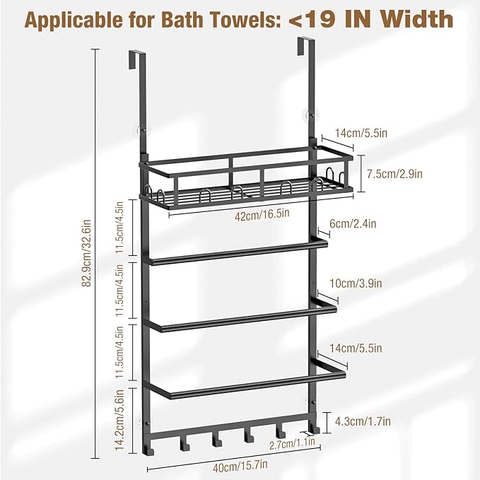 Aetyord Towel Racks for Bathroom Over the Door Towel Rack Towel Storage with Metal Shelf Basket and Hooks Black