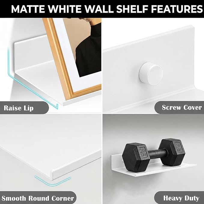 Z metnal Small Metal Shelves, Mini Floating Shelf for Collection Action Figures Speaker, Decor Display Wall Shelf, Aluminum, Wall Mounted, White, 10 inch, 2 Pack