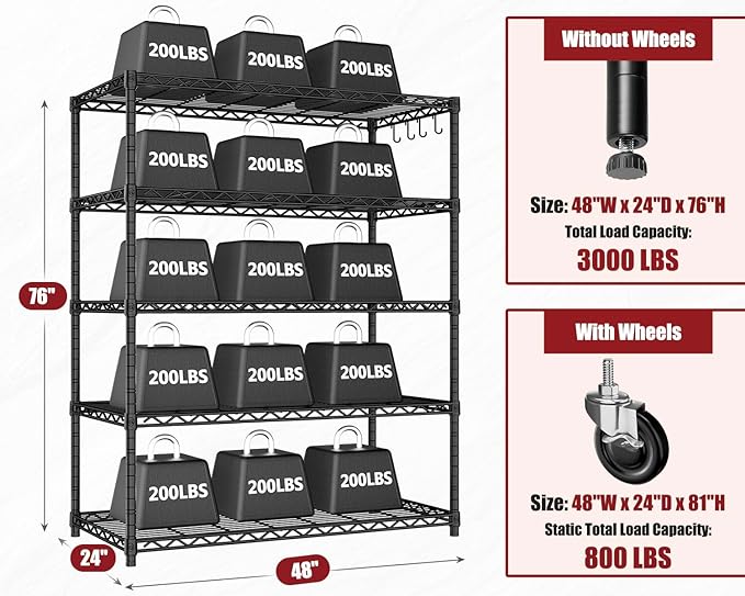 PrimeZone 2 Packs 48" W x 24" D x 81" H Heavy Duty Wire Storage Shelves with Wheels, 5 Tier Adjustable NSF Certified Garage Shelving Unit, Rolling Metal Organizer Shelf Rack for Warehouse, Restaurant