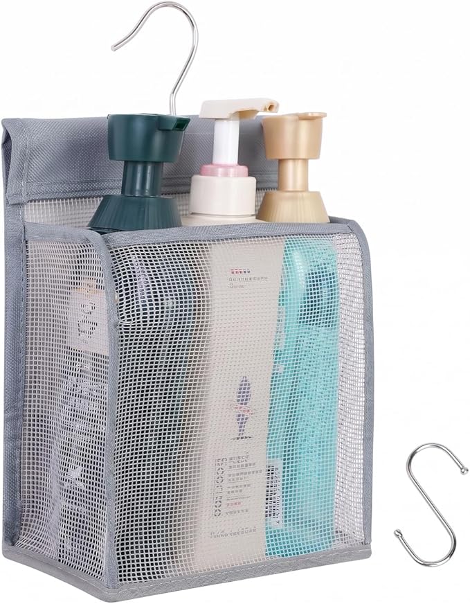ALYER Hanging Mesh Shower Caddy Organizer Bathroom Storage Bag with Hooks for College Dorm, Gym, Swimming,RV and Travel,Gray