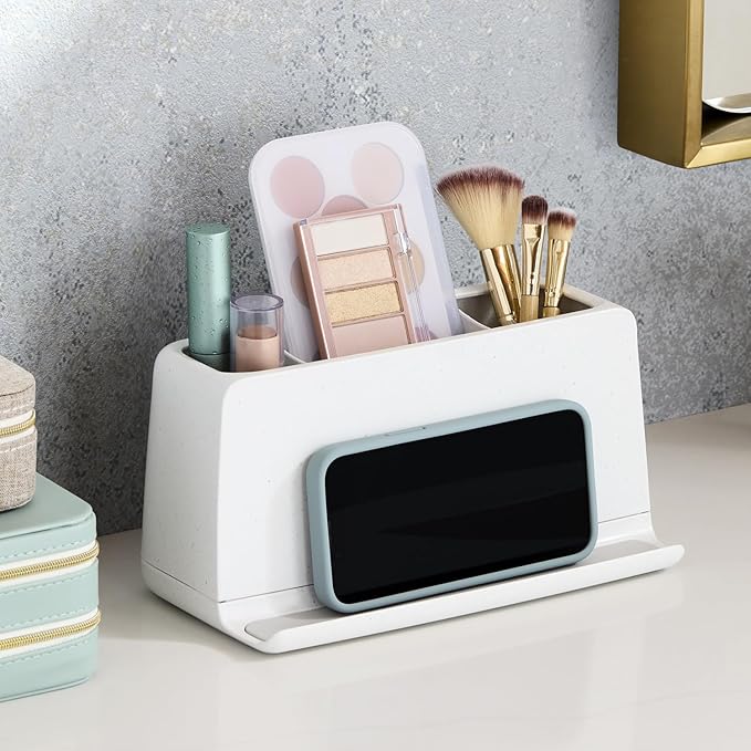 YouCopia The Ledge Toothbrush Holder, 3-Slot, Bathroom Vanity Counter Organizer with Cord Slots, Removable Base and Storage for Phones, Toothpaste and Accessories