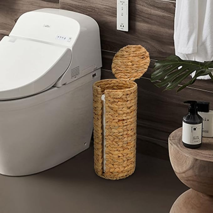 Graciadeco Stand Paper Storage with Lid Spare Extra 3 Rolls of Toilet Tissue Holder Free Standing Water Hyacinth Wciker Toilet Paper Organizer Basket for Bathroom