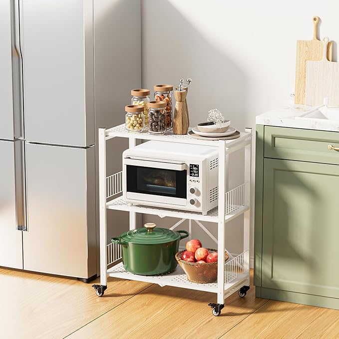 Folding Storage Shelves No Assembly, 3 Tier Foldable Shelves with Wheels, Collapsible Rolling Storage Rack for Pantry Laundry Room Small Spaces, White
