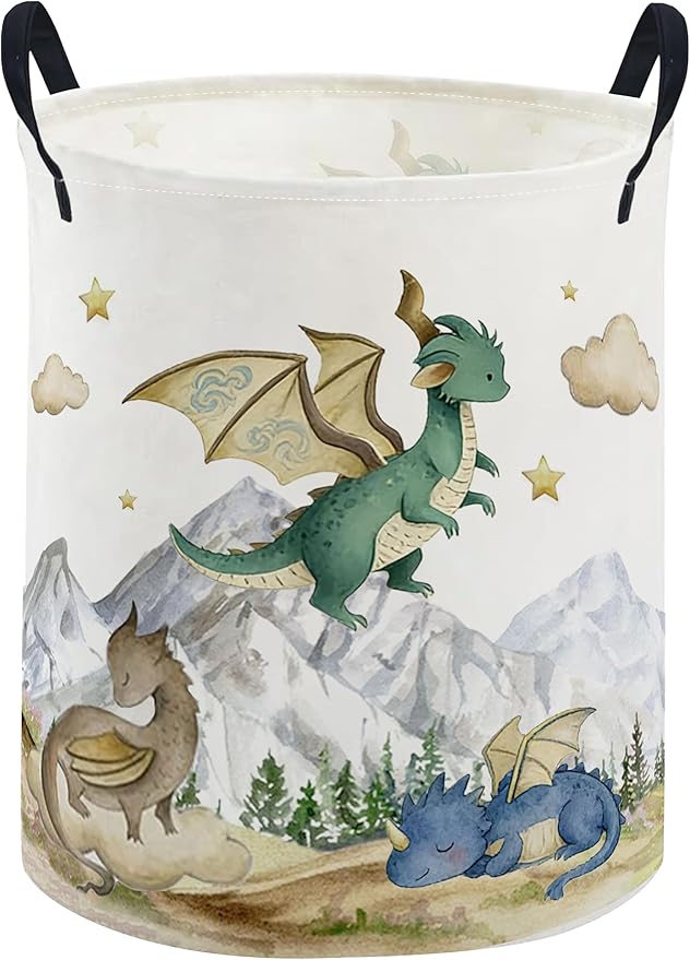 ESSME Kids Laundry Basket,Dinosaur Hamper Collapsible Canvas Waterproof Storage Bin for Girls, Cute Hamper,Gift Baskets(Mountain dinosaur)