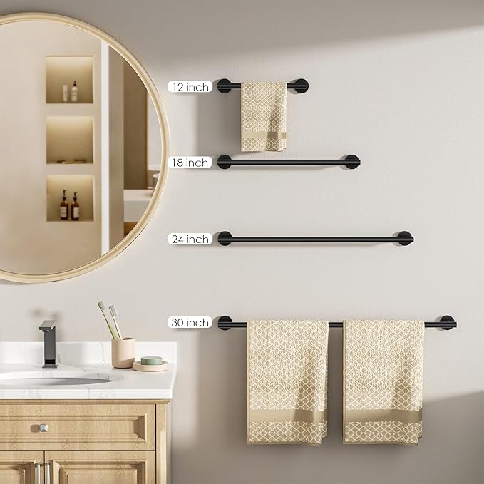 FORIOUS Towel Bar Wall Mounted, Stainless Steel Towel Racks for Bathroom 18 Inch, Includes Wall Mounting Hardware (Matte Black, Total Length 20 Inch)