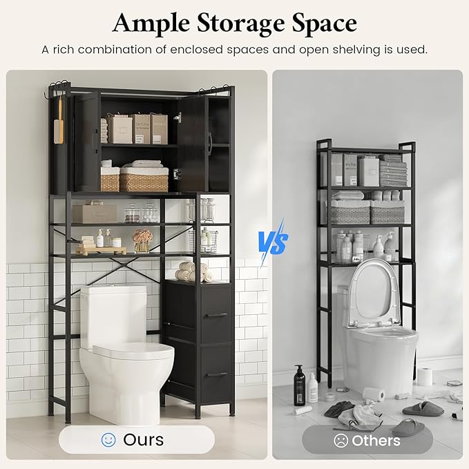 8-Tier Over the Toilet Storage Cabinet with Doors & 2 Large Drawers, Bathroom Storage Cabinet with Toilet Paper Holder, 6 Side Hooks, Over the Toilet Storage for Bathroom, Laundry Room, Black