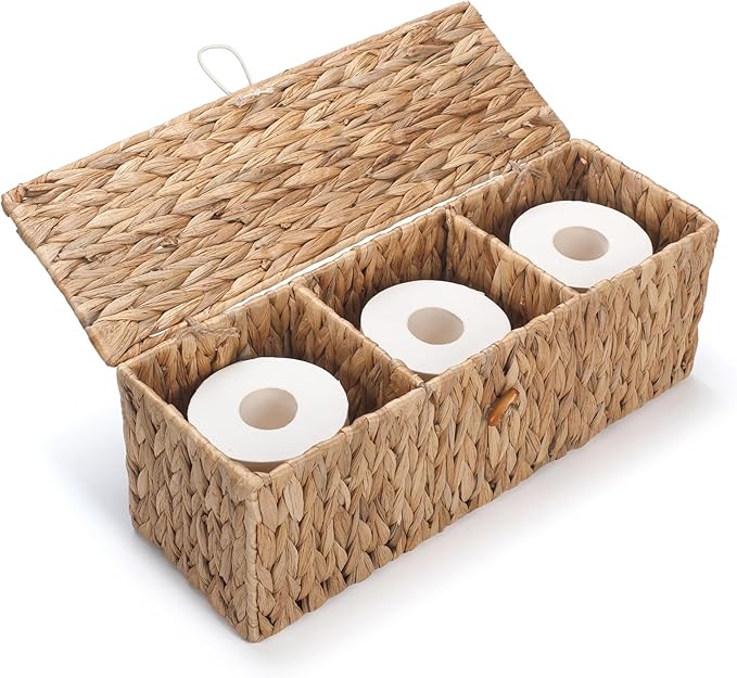 Wicker Bathroom Basket with Lid, Water Hyacinth Toilet Tank Basket with 3 Compartments, Woven Storage Box for Bathroom Organizer (16.7 x 5.7 x 5.7 inch)