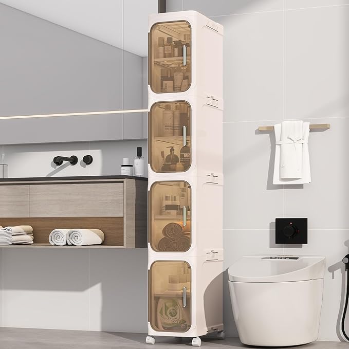 4-Tiers Slim Bathroom Storage Cabinet, Foldable Storage Cabinets,Narrow Bathroom Storage,Movable Bathroom Storage Organizer for Small Spaces,Bathroom,Kitchen,Laundry, Beige