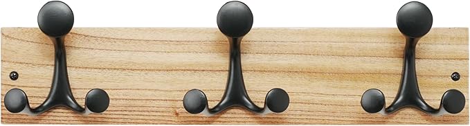 SKOLOO 17-Inch Wood Coat Rack Wall Mount with 3 Triple Hooks - Ideal for Family Entrances, Classrooms, and Pet Supplies Storage - Perfect Coat Hooks for Wall, Black on Natural