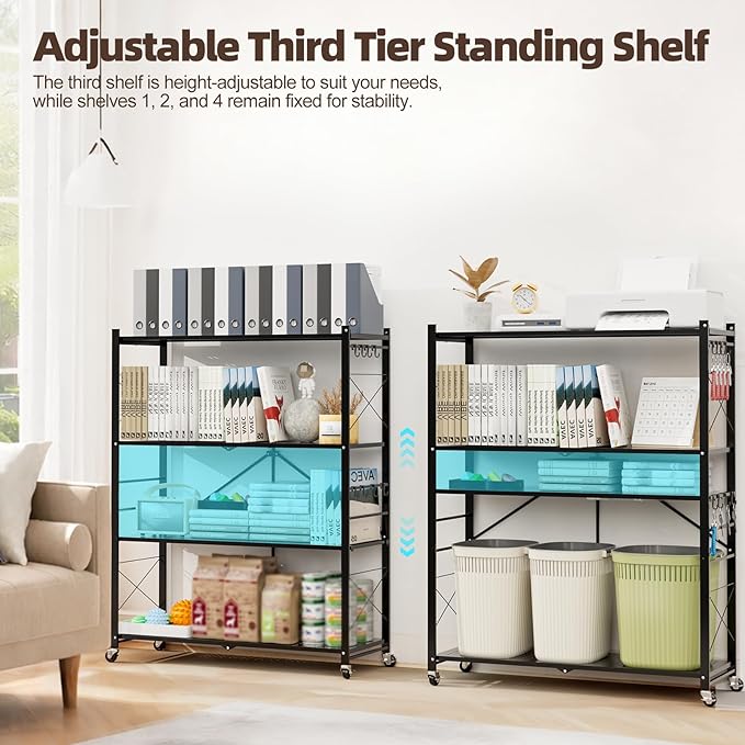 39.4" Wide 4-Tier Foldable Storage Shelves with 4 Wheels & 20 Hooks, Heavy Duty Metal Folding Shelf Unit, No Assembly, Adjustable 3rd Shelf for Kitchen, Garage, Pantry, Bookshelf, Black
