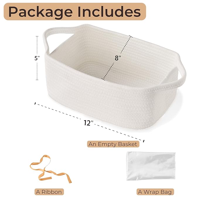 Small Woven Gift Basket Empty with Bag & Ribbon - Gifts for Mom, Baby Shower, Birthdays & Raffle - Cotton Rope Storage Basket for Dog Toys or Shelf - 12"x8"x5", White