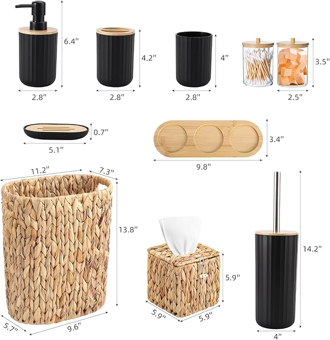 Bathroom Accessory Set, 10 Pieces Bath Set- Wicker Trash Can Tissue Box Soap Dish Toothbrush Holder Rinse Cup Lotion Bottle Toilet Brush Qtip Holder - Practical Bathroom Decor Sets (Ratten Black)