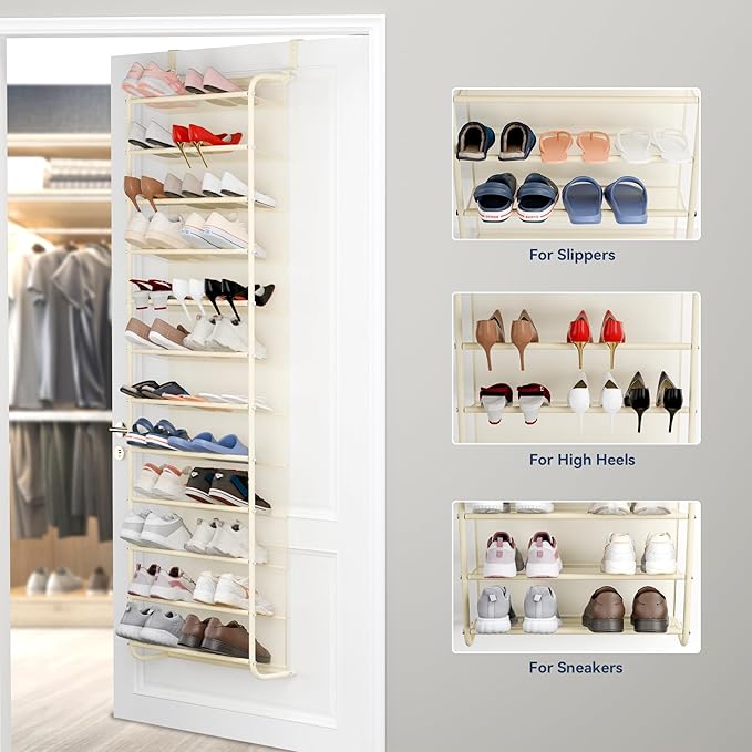 Whitmor 36 Pair Over The Door Shoe Organizer, 12 Tier Hanging Shoe Organizer, Heavy Duty Metal & Mesh Shoe Holder, Hanging Shoe Rack for Closet Organizer & Storage, 74"L x 21.7"W x 7.5"H, Beige