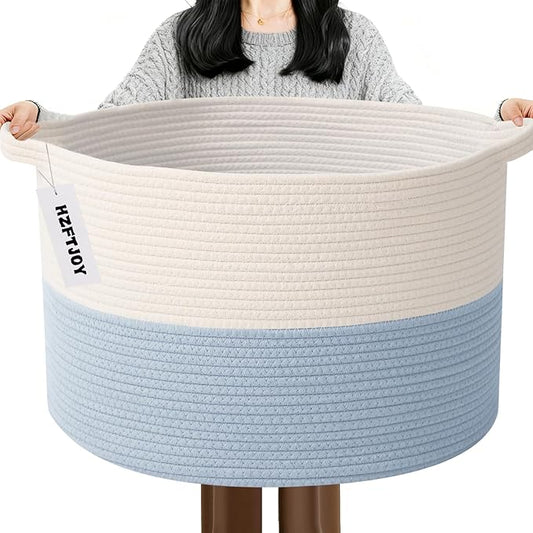 65L Extra Large Woven Cotton Rope Blanket Basket with Handles, Laundry Hamper Storage Bin for Pillows, Comforters,Clothes, Toys, Nursery, Bedroom and Living Room Organization,White&Blue