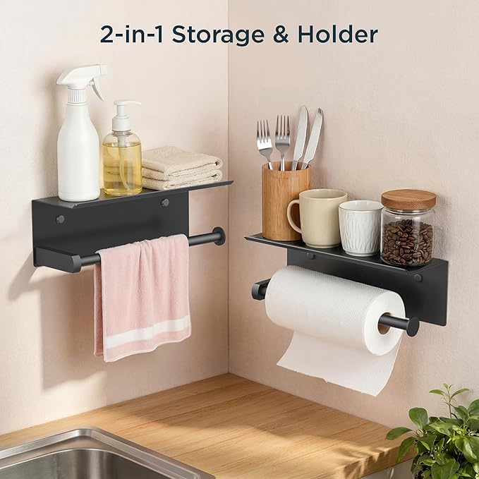 FORIOUS Paper Towel Holder with Shelf, SUS304 Stainless Steel Paper Towel Holder with Storage Shelf, Wall Mount Screw Paper Roll Organizer Commercial Paper Hand Towel Dispensers, Mattle Black