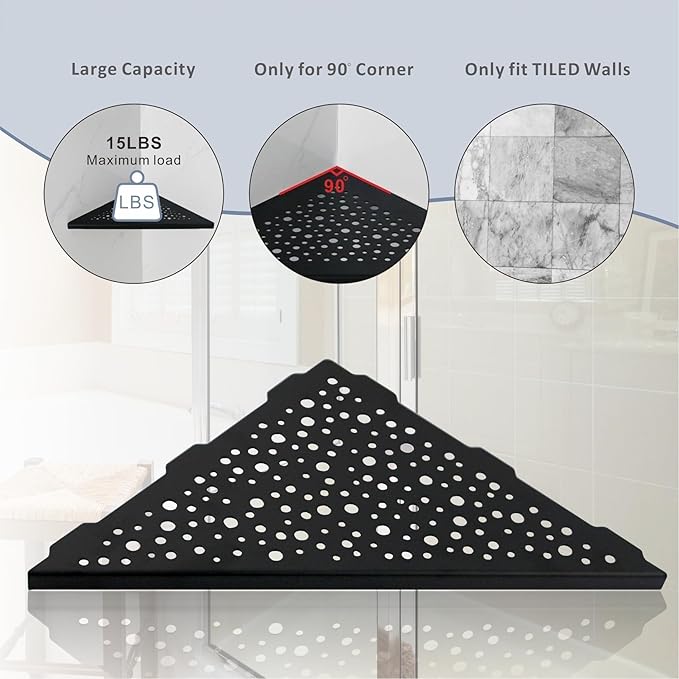 HIDROP Matte Black Corner Shower Shelf 10 Triangular Corner Shelf Stainless Steel Bathroom Shelf for Tiled Wall, 2 Pack Shower Corner Shelf, No Drilling