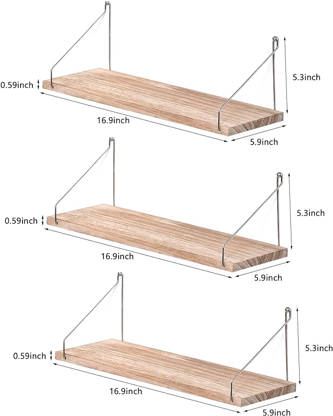 Floating Shelves Set of 3 Rustic Solid Wood Floating Shelf Wall Storage Shelves for Living Room, Bedroom, Bathroom, Kitchen Laundry, Office,no Drill Shelf(Light Color L+L+L)