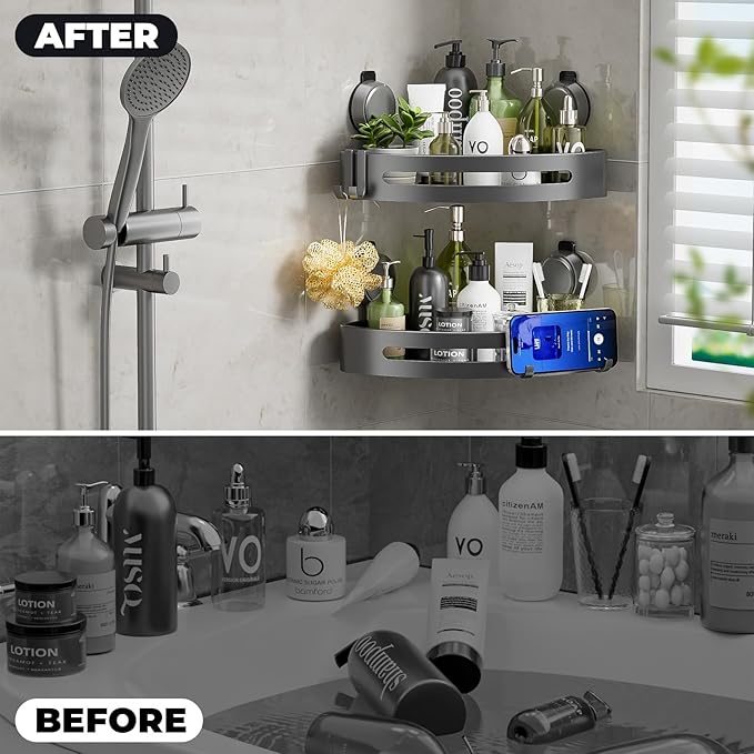 Corner Shower Caddy Suction Cup,Shower Shelves with Hooks,No Drilling Powerful Upgrade Suction Bathroom Corner Organizers and Storage,Removable Waterproof Rustproof Shower Shelf Bathroom Decor