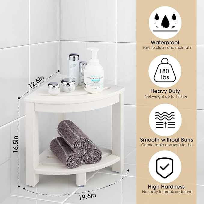 Apolimi HDPE Corner Shower Stool,Shower Bench Seat with Storage Shelf for Shaving Legs Plastic Spa Bath Step Foot Rest for Bathroom Small Place (White)