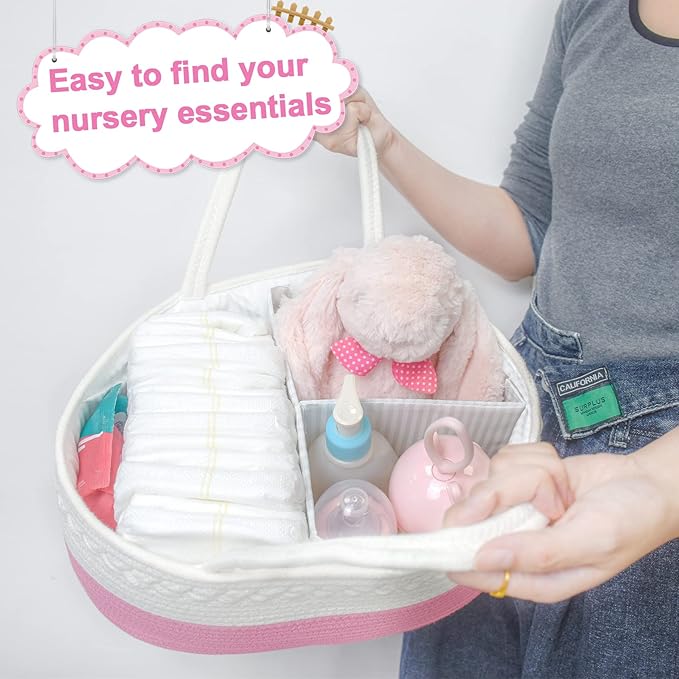 ABenkle Diaper Caddy Organizer, Boho Rustic Cotton Rope Nursery Baby Basket, Changing Table Organizer for Baby Diaper Storage and Baby Shower
