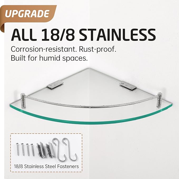KES Glass Corner Shelf for Bathroom Corner Shelf 2 Pack Tempered Glass Shelf with Rail SUS 304 Stainless Steel Wall Mounted Brushed Finish, BGS2101A-2-P2