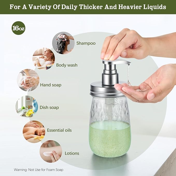 Amolliar Plastic Soap Dispenser with Pump Lid, 16 Oz Refillable Bathroom Hand Soap Dispenser Set, Clear Kitchen Liquid Dish Dispenser with Cute Lables for Farmhouse Shower (2 Pack, Silver)