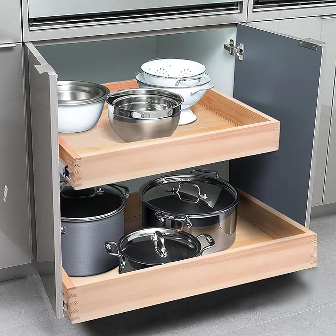 Mulush 26''W x 21''D x 3''H Pull Out Cabinet Drawer Soft Close Slide Out Wood Organizer for Kitchen, Finished, Bottom and Side Assembly (Wood Drawer Part Width is 25inch)
